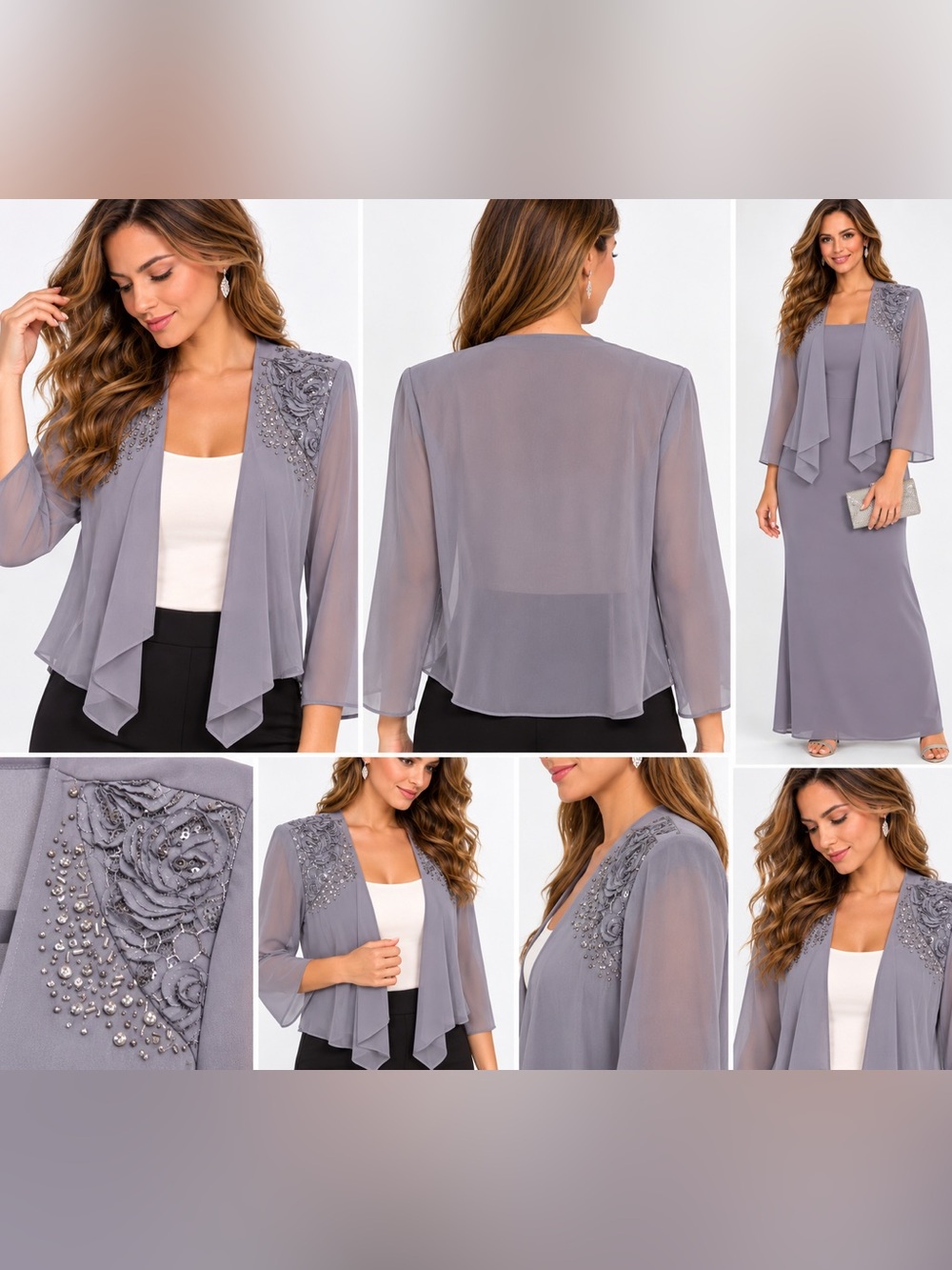 SLNY Gray Sheer Embellished Evening Jacket Size 16P NWT Formal Bolero